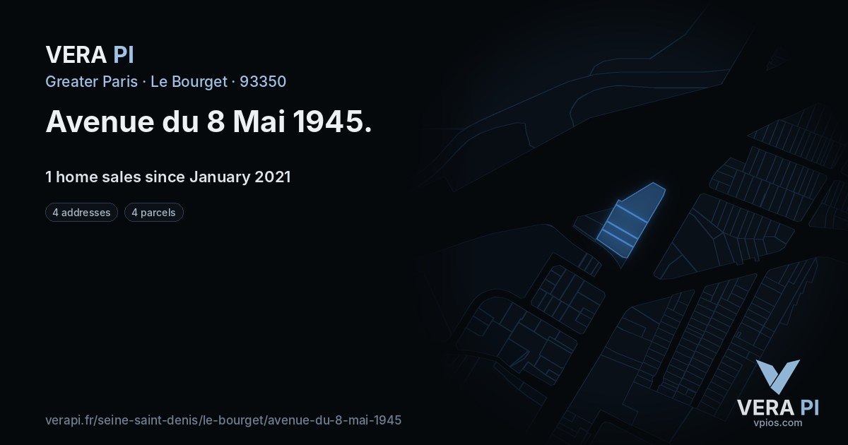 Avenue du 8 Mai 1945, Le Bourget at night – every parcel coloured by the prices around it, the street's own parcels lit