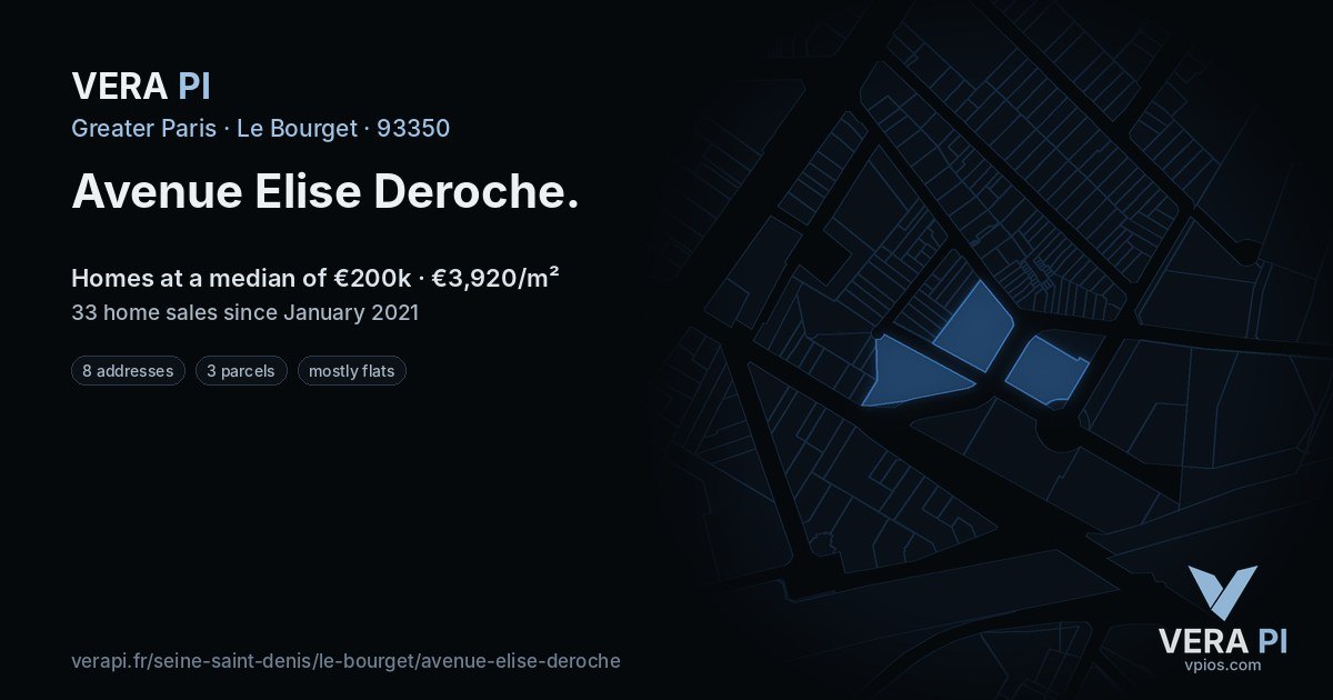 Avenue Elise Deroche, Le Bourget at night – every parcel coloured by the prices around it, the street's own parcels lit