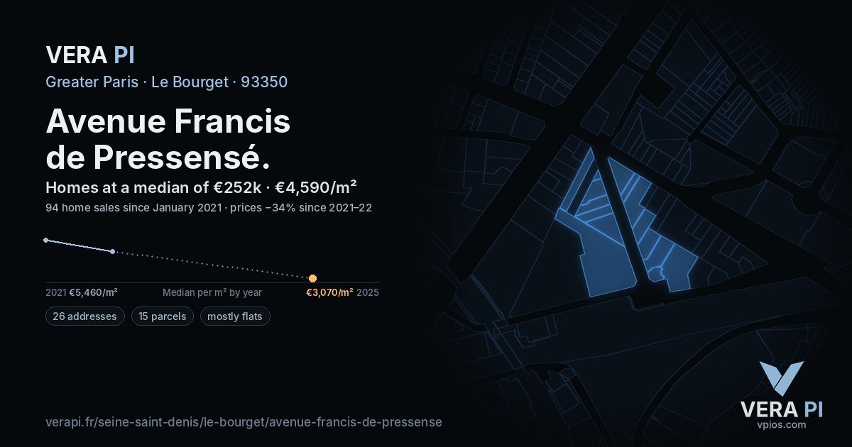 Avenue Francis de Pressensé, Le Bourget at night – every parcel coloured by the prices around it, the street's own parcels lit