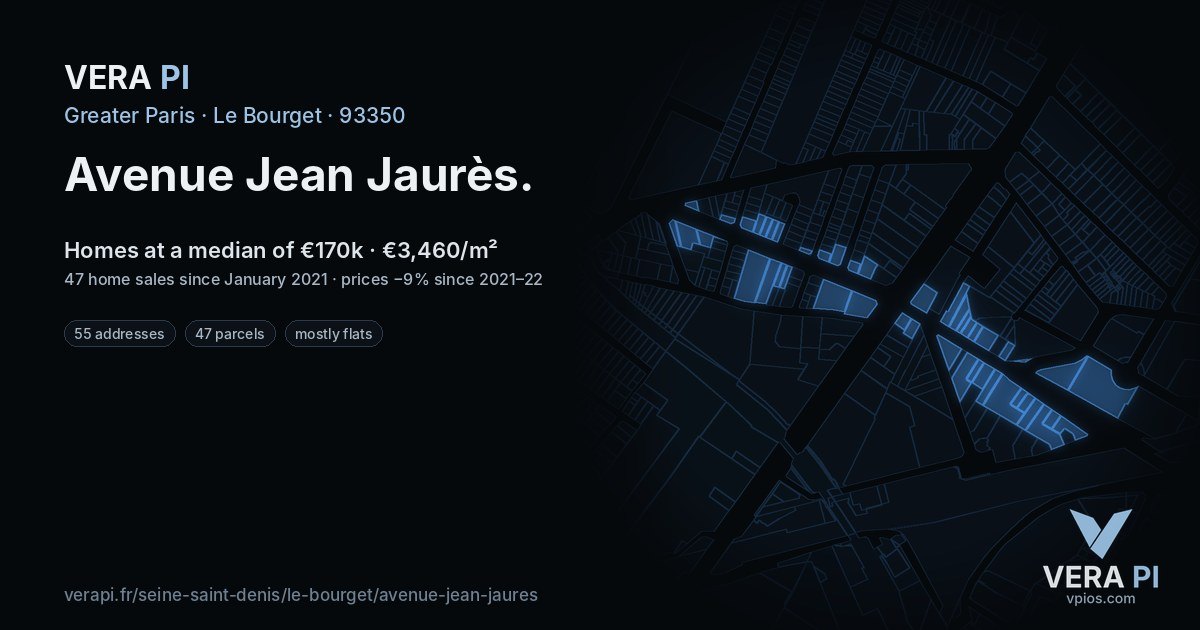 Avenue Jean Jaurès, Le Bourget at night – every parcel coloured by the prices around it, the street's own parcels lit