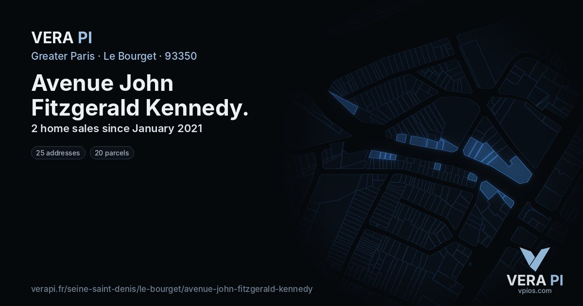 Avenue John Fitzgerald Kennedy, Le Bourget at night – every parcel coloured by the prices around it, the street's own parcels lit