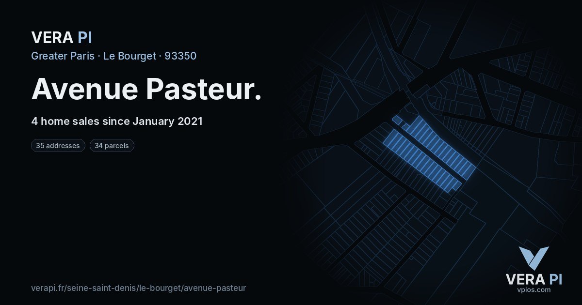 Avenue Pasteur, Le Bourget at night – every parcel coloured by the prices around it, the street's own parcels lit