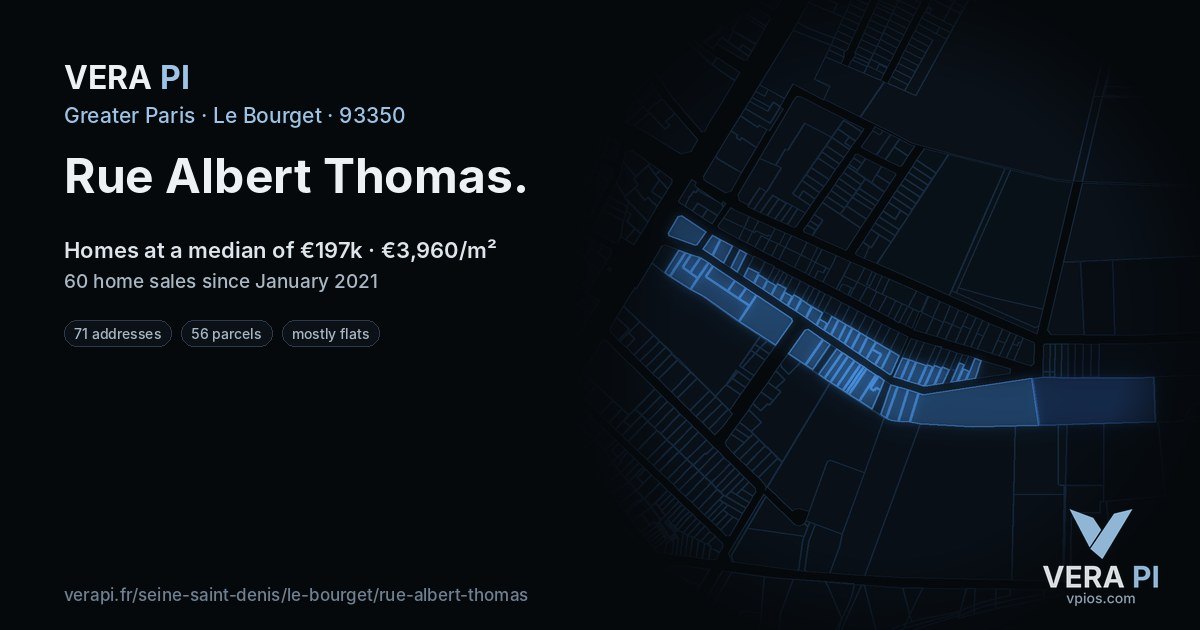 Rue Albert Thomas, Le Bourget at night – every parcel coloured by the prices around it, the street's own parcels lit