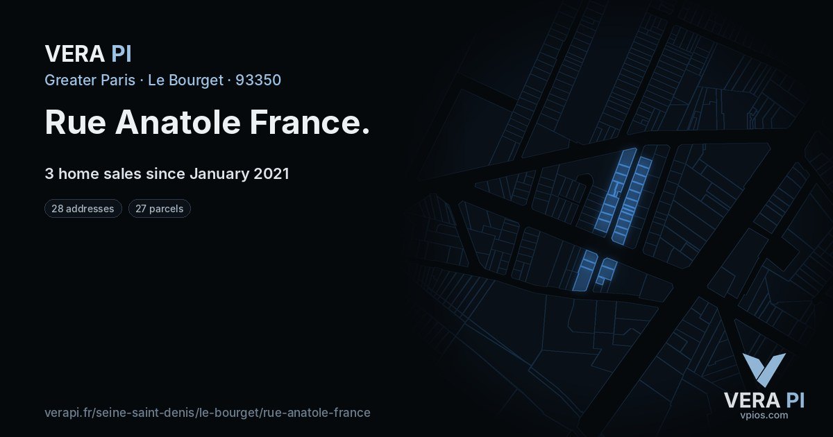 Rue Anatole France, Le Bourget at night – every parcel coloured by the prices around it, the street's own parcels lit