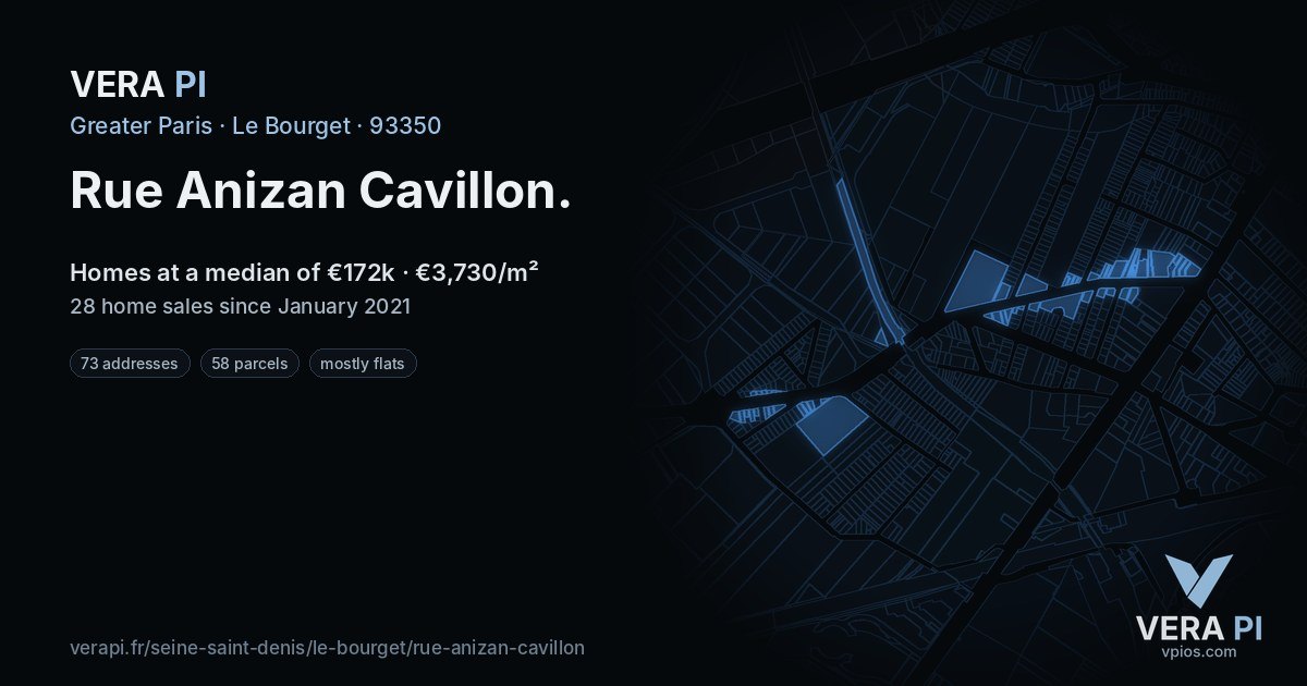 Rue Anizan Cavillon, Le Bourget at night – every parcel coloured by the prices around it, the street's own parcels lit