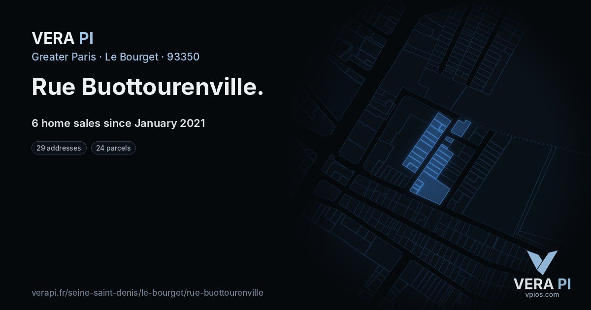 Rue Buottourenville, Le Bourget at night – every parcel coloured by the prices around it, the street's own parcels lit