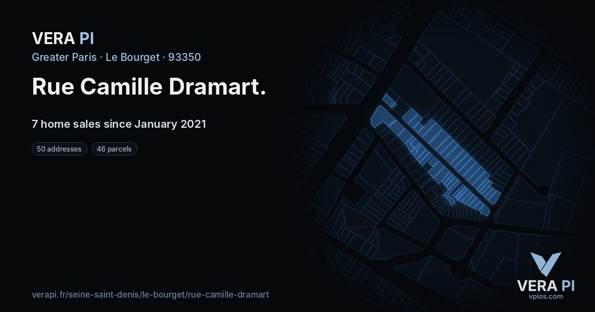 Rue Camille Dramart, Le Bourget at night – every parcel coloured by the prices around it, the street's own parcels lit