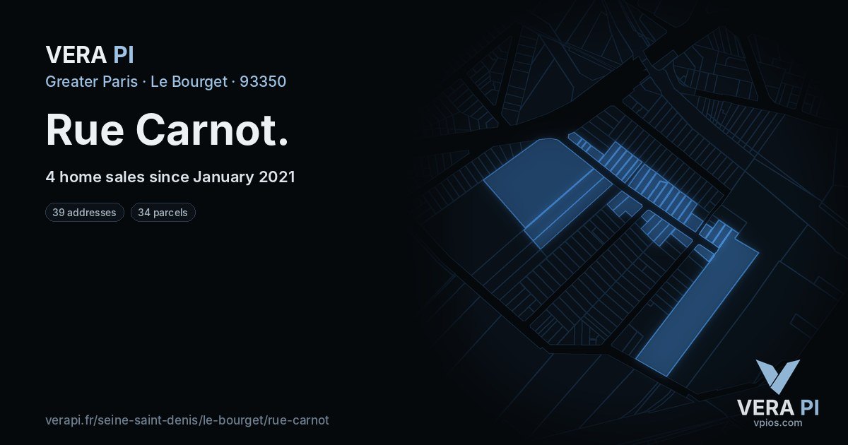 Rue Carnot, Le Bourget at night – every parcel coloured by the prices around it, the street's own parcels lit