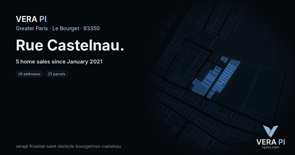 Rue Castelnau, Le Bourget at night – every parcel coloured by the prices around it, the street's own parcels lit
