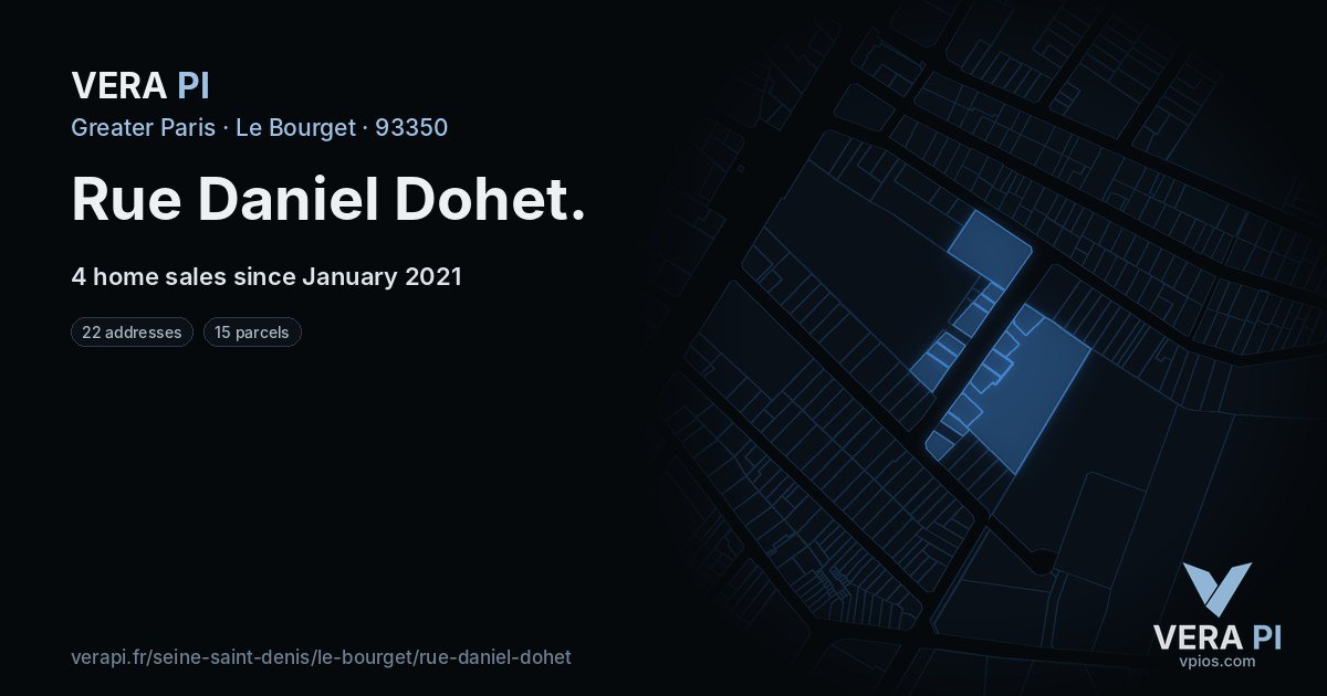 Rue Daniel Dohet, Le Bourget at night – every parcel coloured by the prices around it, the street's own parcels lit