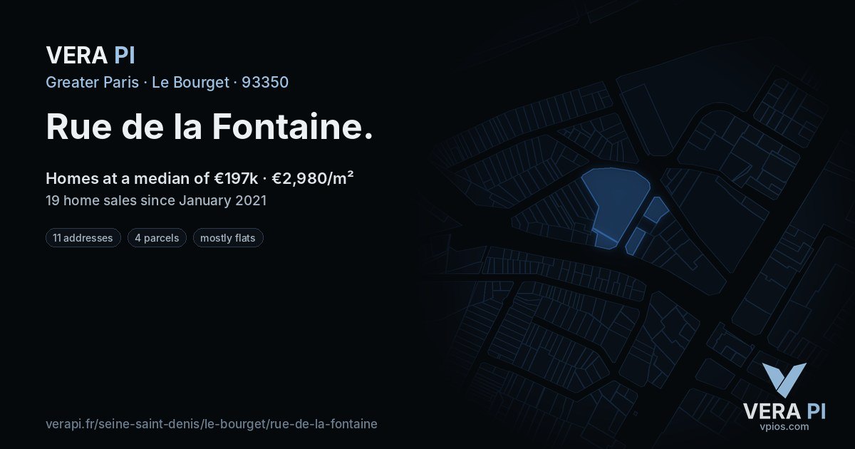 Rue de la Fontaine, Le Bourget at night – every parcel coloured by the prices around it, the street's own parcels lit