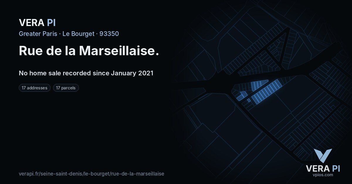 Rue de la Marseillaise, Le Bourget at night – every parcel coloured by the prices around it, the street's own parcels lit