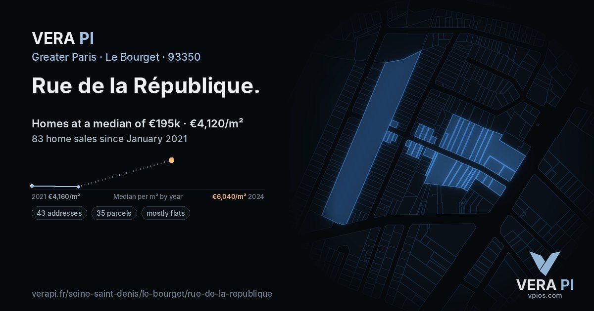 Rue de la République, Le Bourget at night – every parcel coloured by the prices around it, the street's own parcels lit