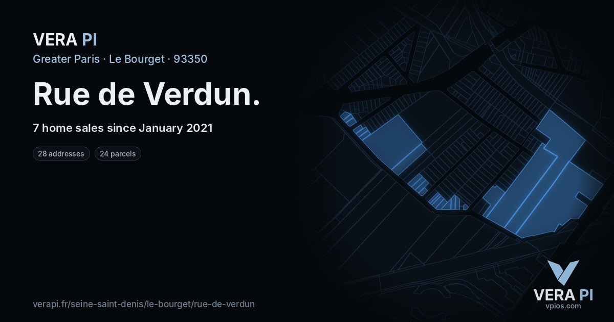 Rue de Verdun, Le Bourget at night – every parcel coloured by the prices around it, the street's own parcels lit