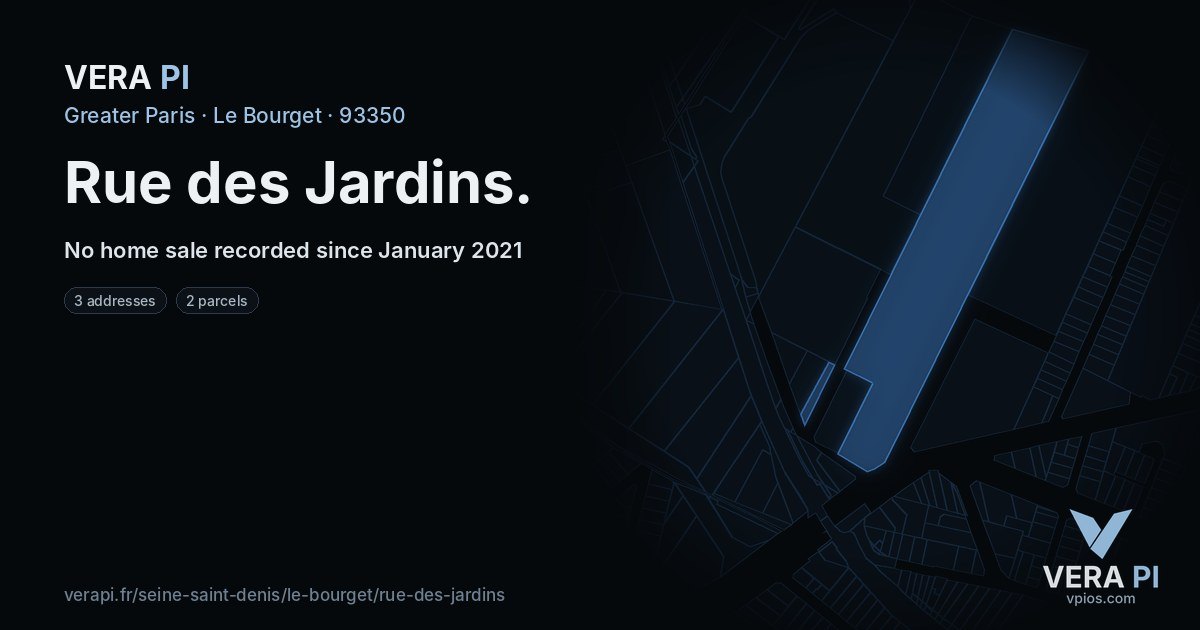 Rue des Jardins, Le Bourget at night – every parcel coloured by the prices around it, the street's own parcels lit