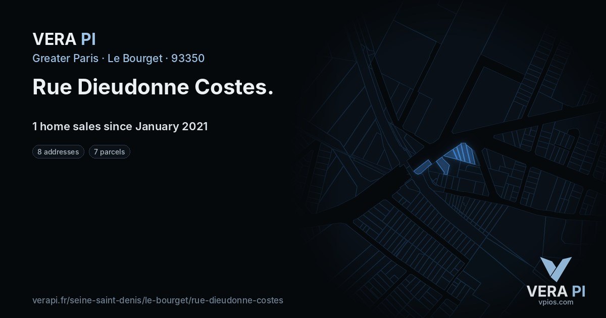 Rue Dieudonne Costes, Le Bourget at night – every parcel coloured by the prices around it, the street's own parcels lit