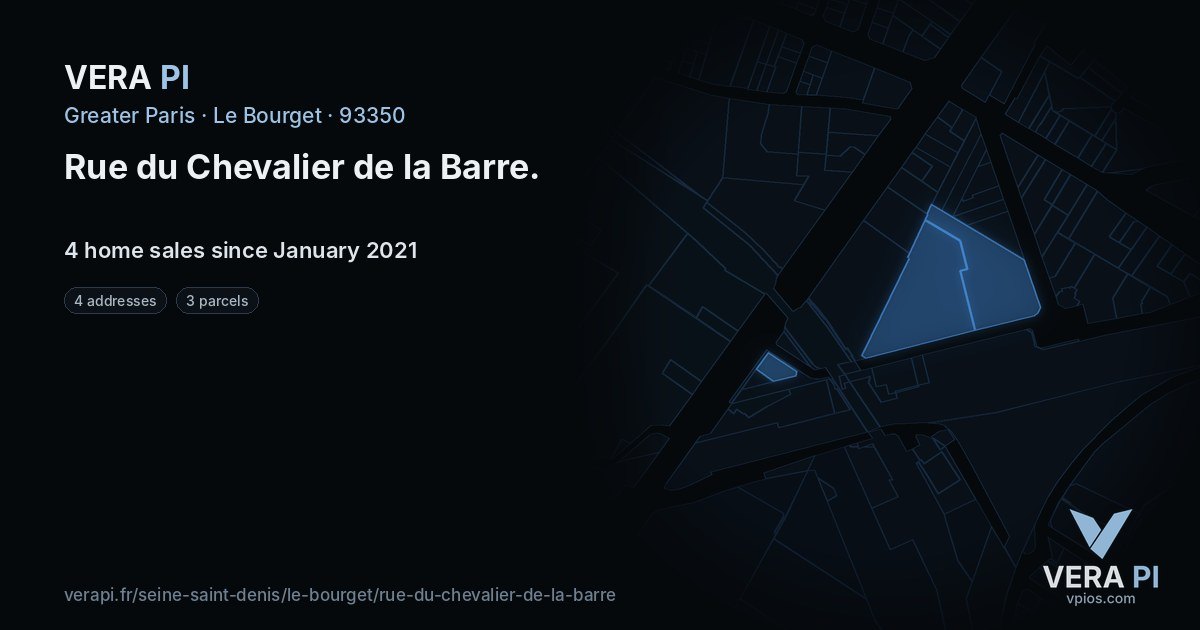Rue du Chevalier de la Barre, Le Bourget at night – every parcel coloured by the prices around it, the street's own parcels lit