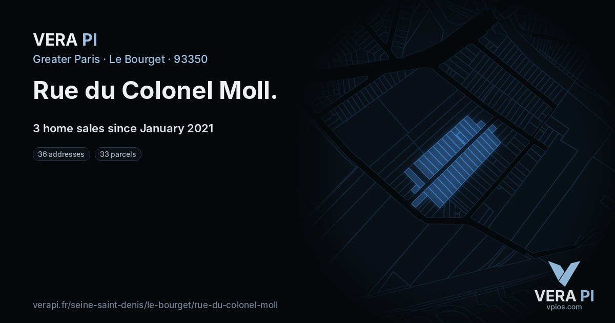 Rue du Colonel Moll, Le Bourget at night – every parcel coloured by the prices around it, the street's own parcels lit