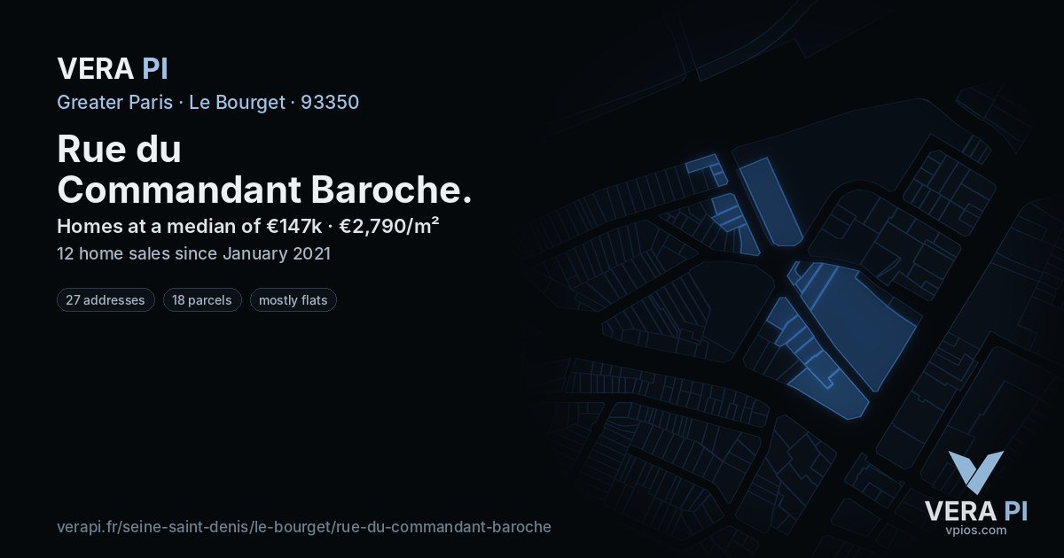 Rue du Commandant Baroche, Le Bourget at night – every parcel coloured by the prices around it, the street's own parcels lit