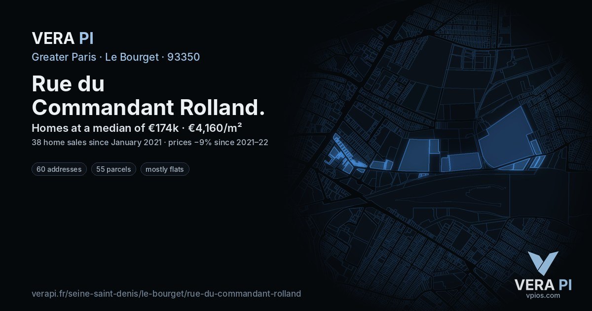 Rue du Commandant Rolland, Le Bourget at night – every parcel coloured by the prices around it, the street's own parcels lit