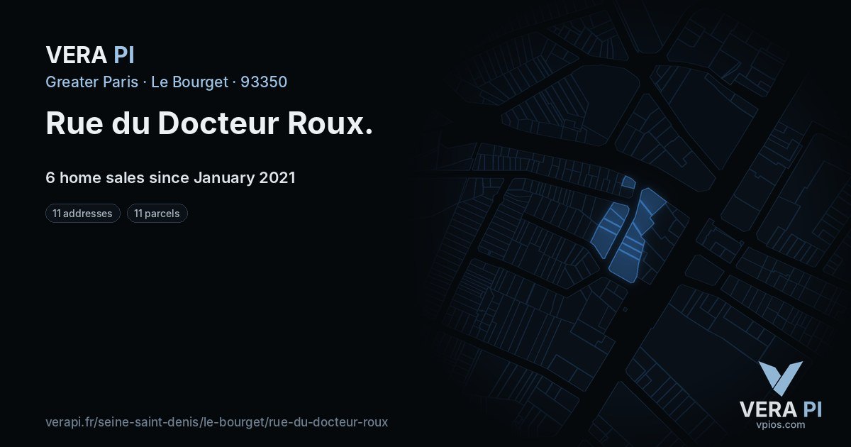 Rue du Docteur Roux, Le Bourget at night – every parcel coloured by the prices around it, the street's own parcels lit