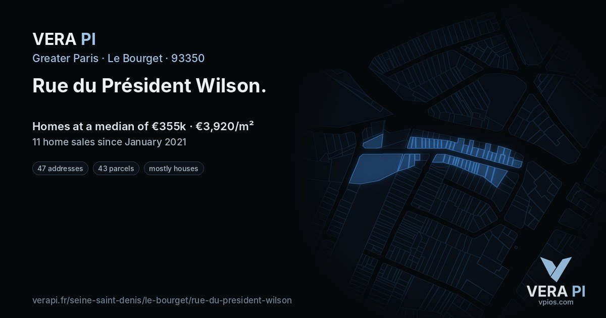 Rue du Président Wilson, Le Bourget at night – every parcel coloured by the prices around it, the street's own parcels lit
