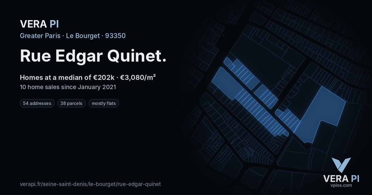 Rue Edgar Quinet, Le Bourget at night – every parcel coloured by the prices around it, the street's own parcels lit