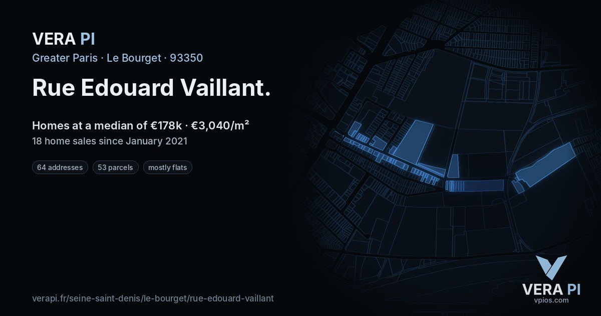 Rue Edouard Vaillant, Le Bourget at night – every parcel coloured by the prices around it, the street's own parcels lit
