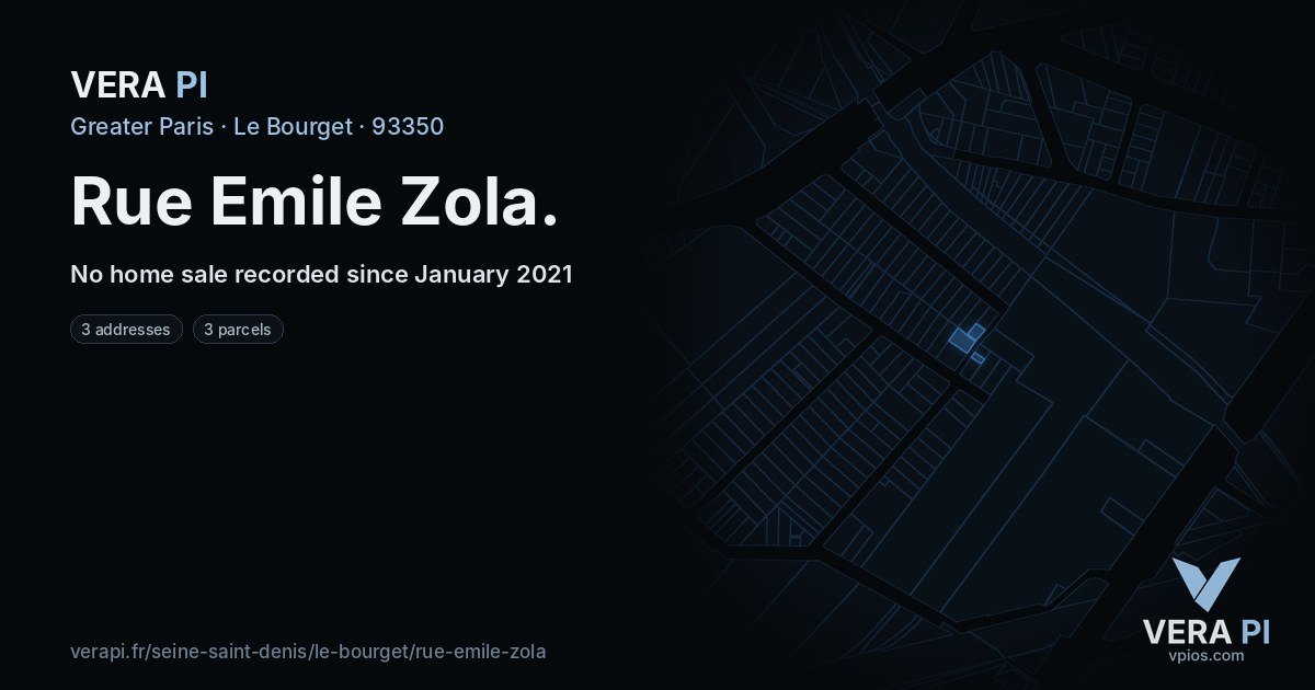 Rue Emile Zola, Le Bourget at night – every parcel coloured by the prices around it, the street's own parcels lit
