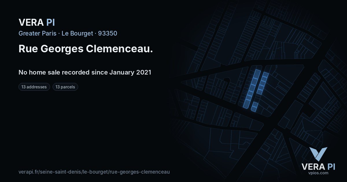 Rue Georges Clemenceau, Le Bourget at night – every parcel coloured by the prices around it, the street's own parcels lit