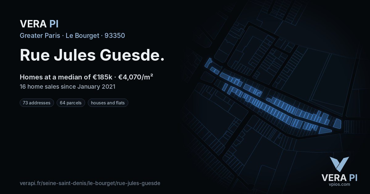 Rue Jules Guesde, Le Bourget at night – every parcel coloured by the prices around it, the street's own parcels lit