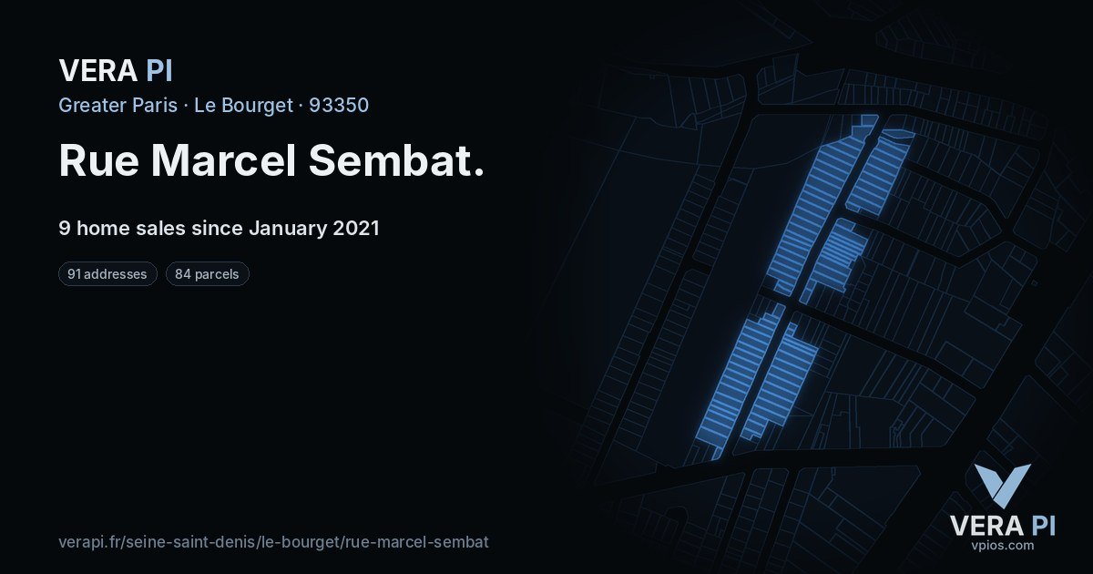 Rue Marcel Sembat, Le Bourget at night – every parcel coloured by the prices around it, the street's own parcels lit