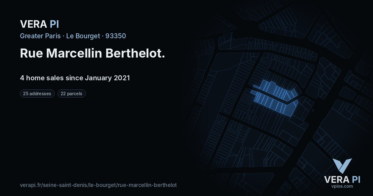 Rue Marcellin Berthelot, Le Bourget at night – every parcel coloured by the prices around it, the street's own parcels lit