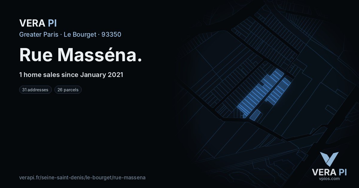 Rue Masséna, Le Bourget at night – every parcel coloured by the prices around it, the street's own parcels lit