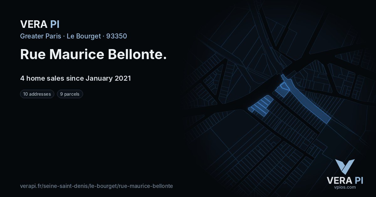 Rue Maurice Bellonte, Le Bourget at night – every parcel coloured by the prices around it, the street's own parcels lit