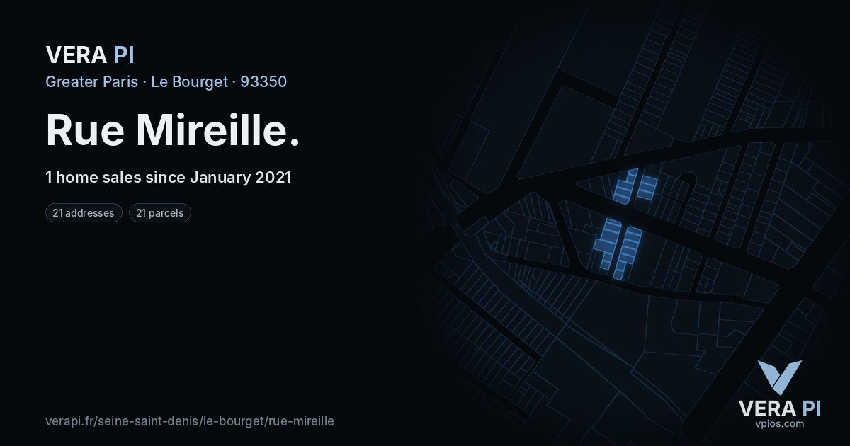 Rue Mireille, Le Bourget at night – every parcel coloured by the prices around it, the street's own parcels lit