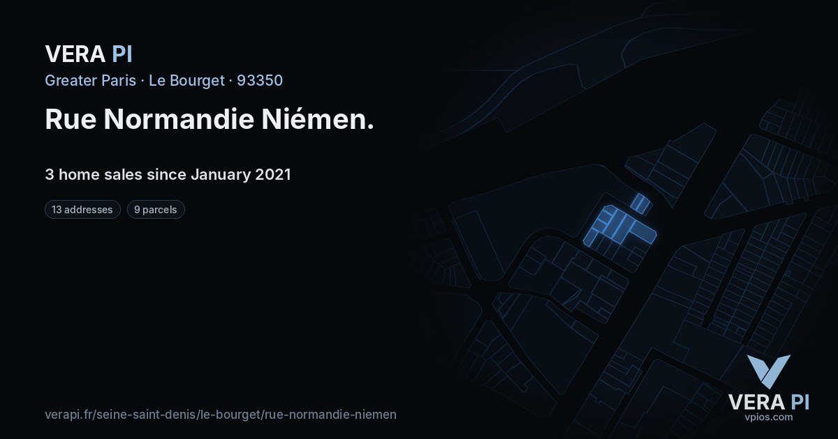 Rue Normandie Niémen, Le Bourget at night – every parcel coloured by the prices around it, the street's own parcels lit