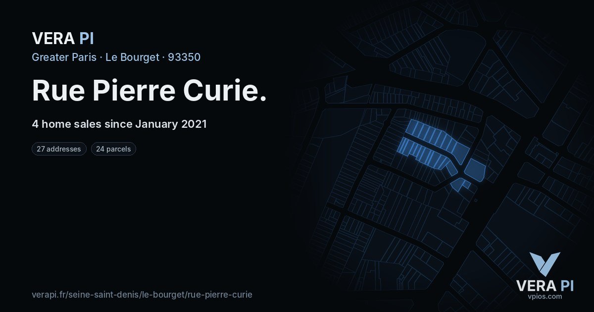 Rue Pierre Curie, Le Bourget at night – every parcel coloured by the prices around it, the street's own parcels lit
