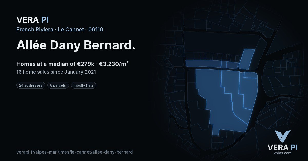Allée Dany Bernard, Le Cannet at night – every parcel coloured by the prices around it, the street's own parcels lit