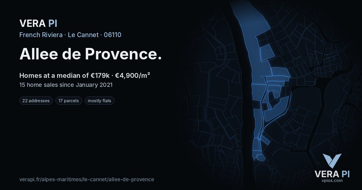 Allee de Provence, Le Cannet at night – every parcel coloured by the prices around it, the street's own parcels lit