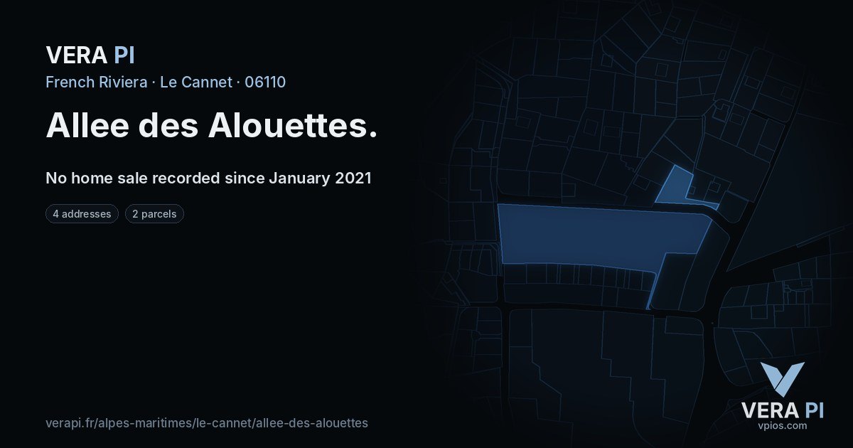 Allee des Alouettes, Le Cannet at night – every parcel coloured by the prices around it, the street's own parcels lit