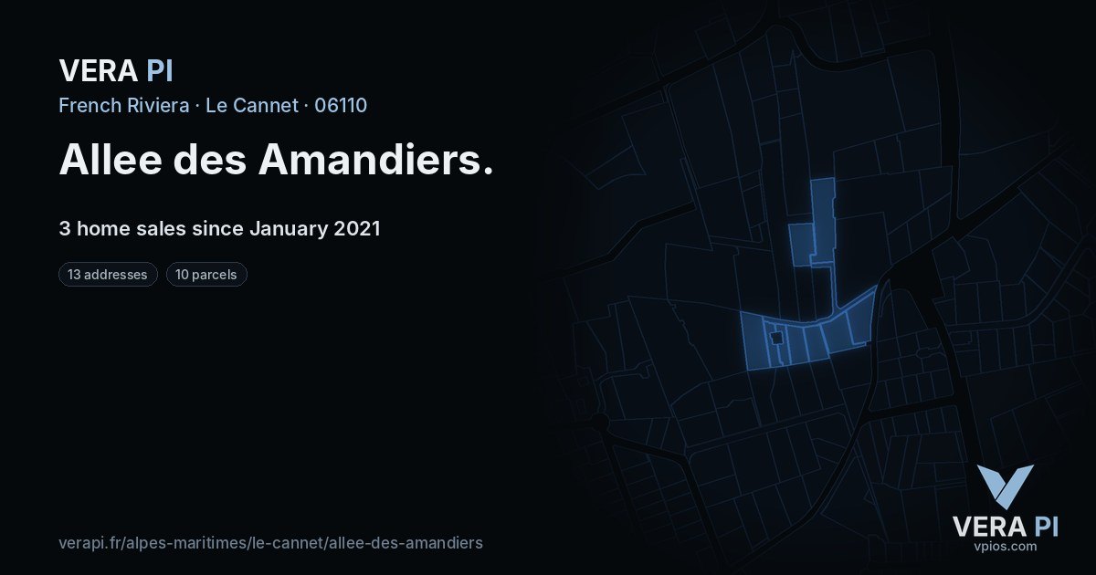 Allee des Amandiers, Le Cannet at night – every parcel coloured by the prices around it, the street's own parcels lit
