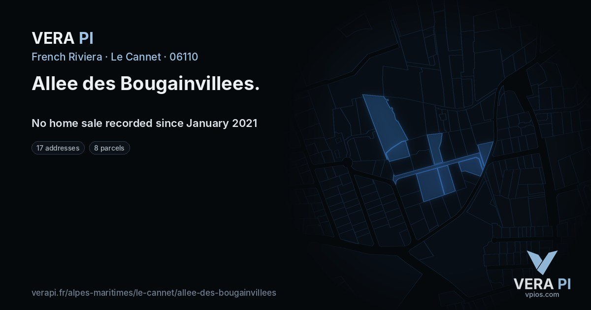 Allee des Bougainvillees, Le Cannet at night – every parcel coloured by the prices around it, the street's own parcels lit