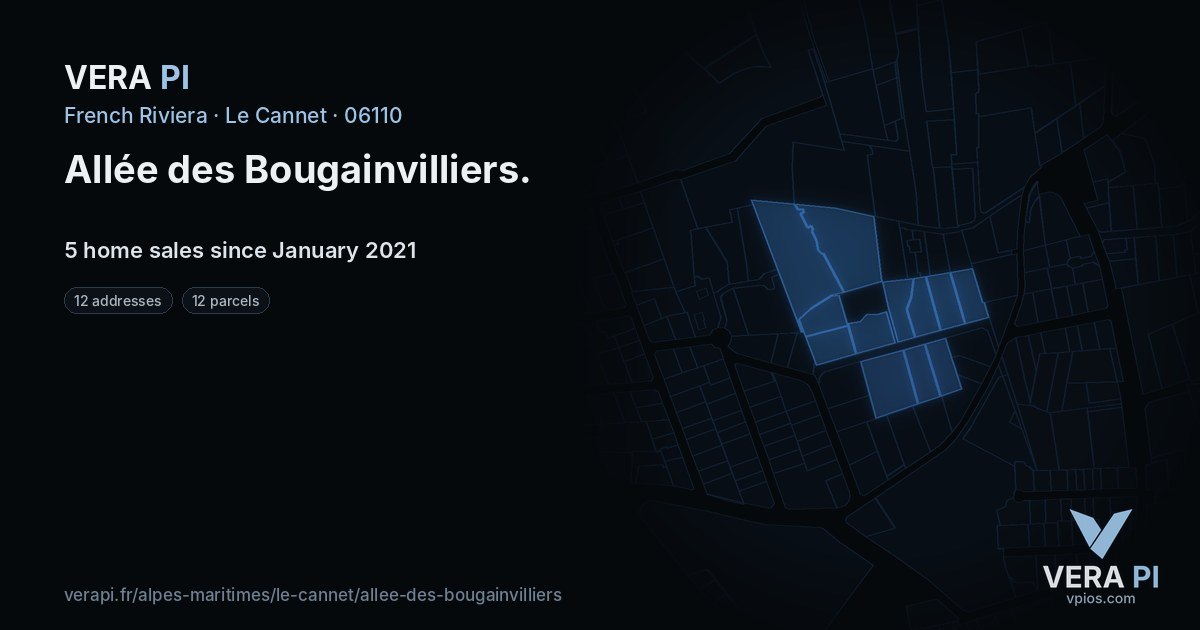 Allée des Bougainvilliers, Le Cannet at night – every parcel coloured by the prices around it, the street's own parcels lit