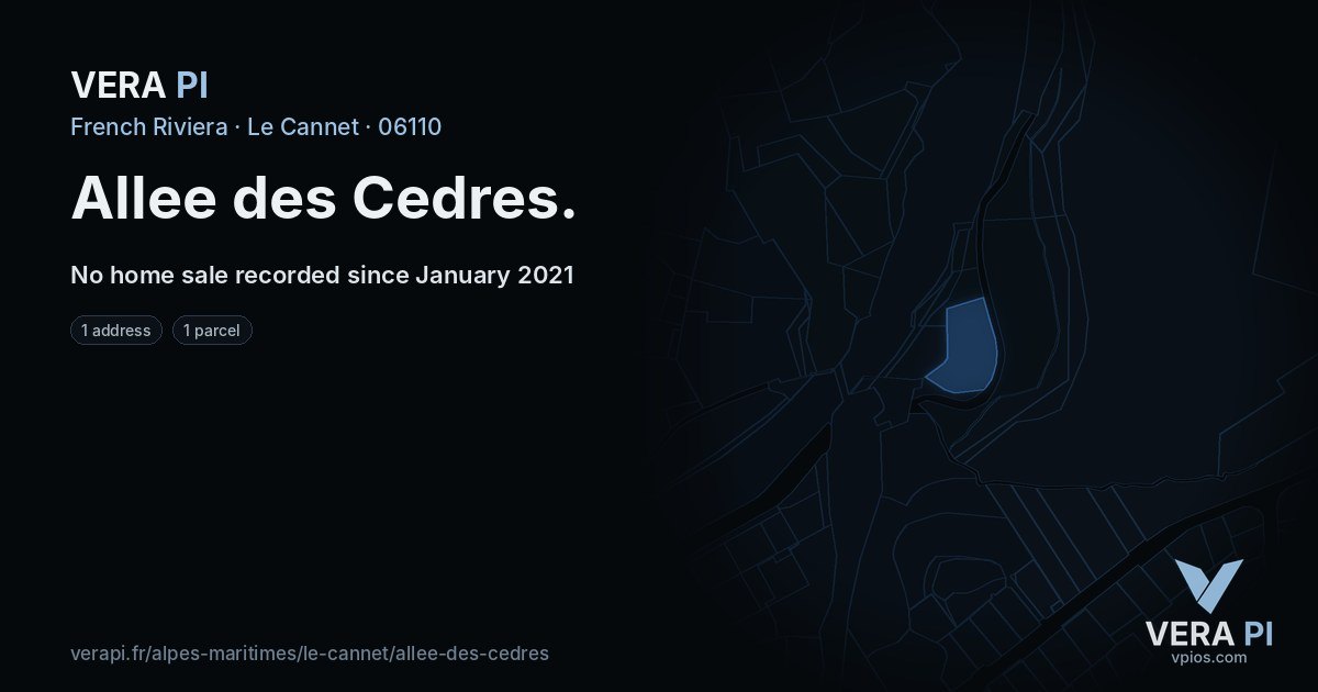 Allee des Cedres, Le Cannet at night – every parcel coloured by the prices around it, the street's own parcels lit