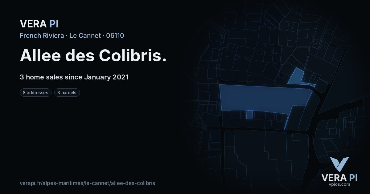 Allee des Colibris, Le Cannet at night – every parcel coloured by the prices around it, the street's own parcels lit