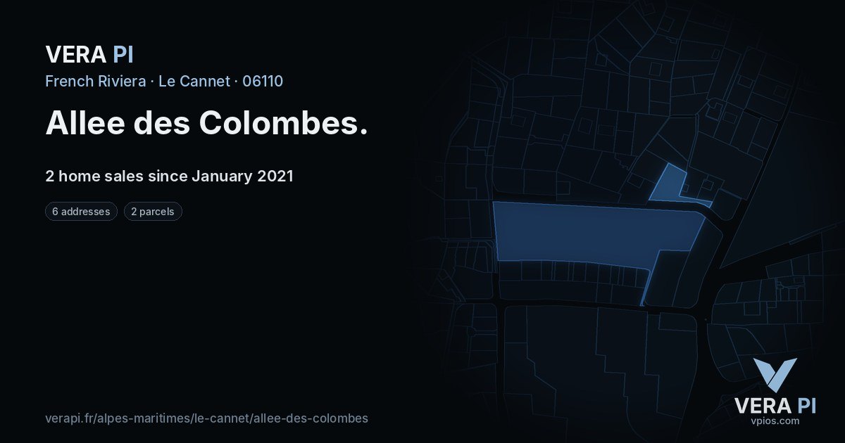 Allee des Colombes, Le Cannet at night – every parcel coloured by the prices around it, the street's own parcels lit
