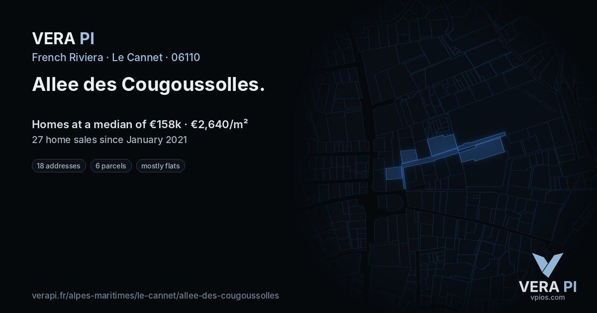 Allee des Cougoussolles, Le Cannet at night – every parcel coloured by the prices around it, the street's own parcels lit