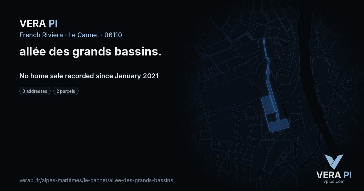 allée des grands bassins, Le Cannet at night – every parcel coloured by the prices around it, the street's own parcels lit
