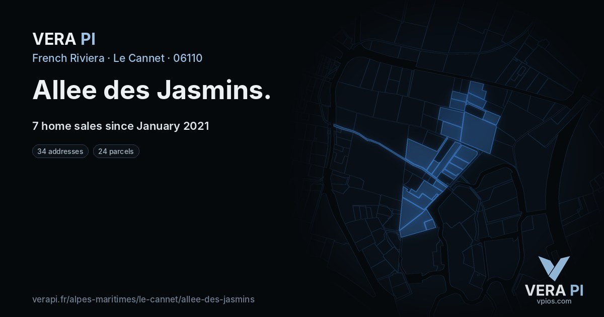 Allee des Jasmins, Le Cannet at night – every parcel coloured by the prices around it, the street's own parcels lit